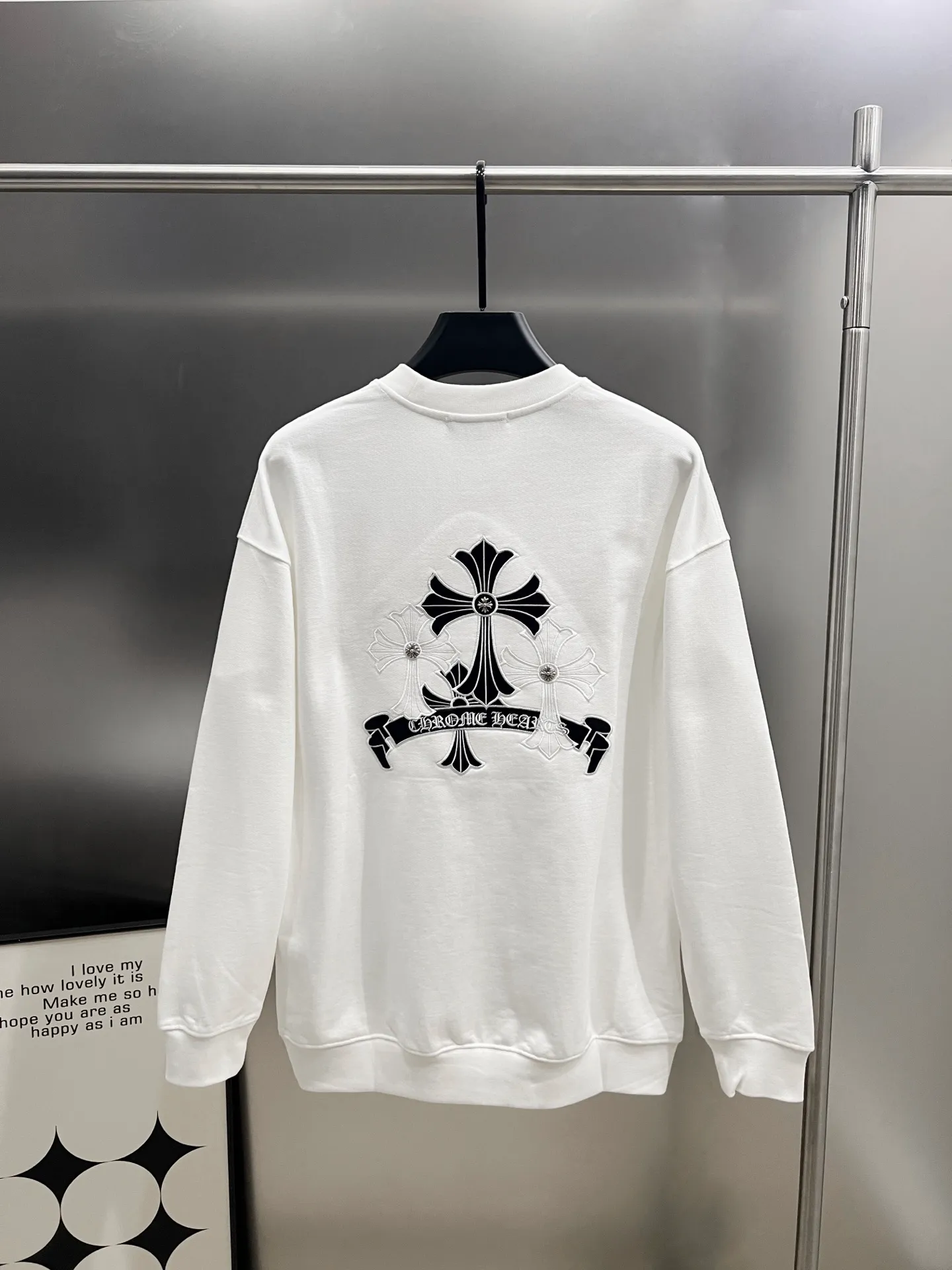 🅿️310 CH Cro 2025 Autumn and Winter New Customized 430g Double Yarn Fabric Round Neck Long Sleeve Sweater Chest Cross Pastel Embroidery Technology Classic Sanskrit Letters Embroidery Pastel + Hardware Design Technology High-end Version! The same loose version for men and women S M L XL XXL five sizes color black white